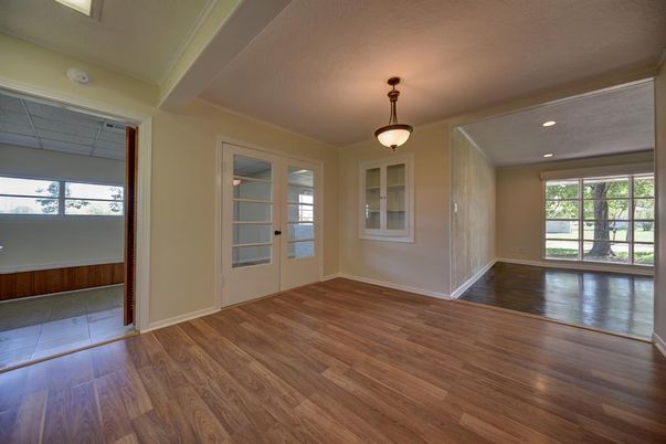 Empty room, Interior, Pendant Lights, Recessed Lighting, Wood Texture Flooring