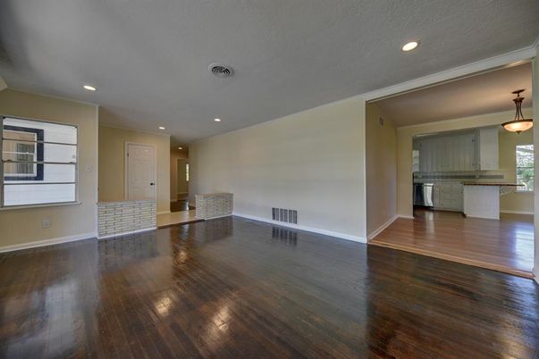 Empty room, Interior, Kitchen, Pendant Lights, Recessed Lighting, Wood Texture Flooring
