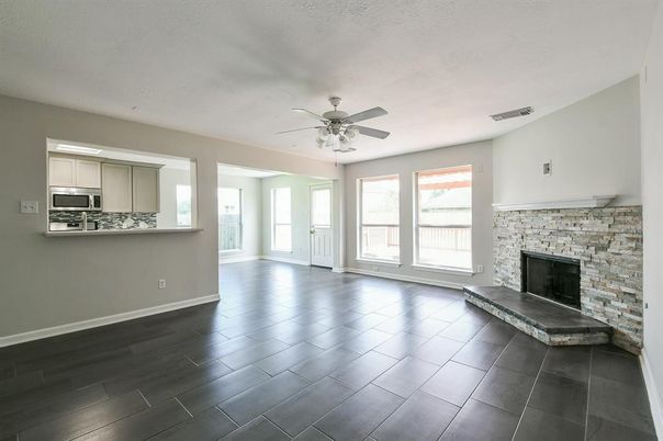 Empty room, Fireplace, Interior, Kitchen, Wood Texture Flooring