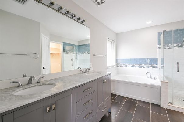 Bathroom, Dual Sink Vanities, Glass Shower, Interior, Recessed Lighting