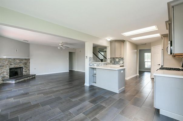Fireplace, Interior, Kitchen, Wood Texture Flooring