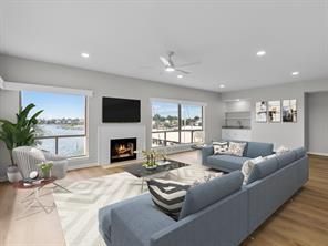Fireplace, Interior, Living room, Recessed Lighting, Water, Wood Texture Flooring