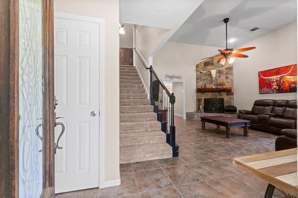 Fireplace, Interior, Recessed Lighting, Stone Walls