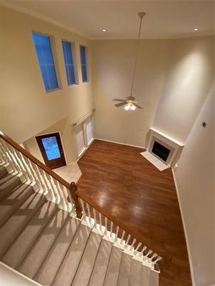 Fireplace, Interior, Recessed Lighting, Wood Texture Flooring
