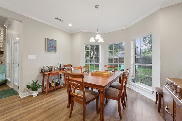 Dining room, Interior, Pendant Lights, Recessed Lighting, Wood Texture Flooring