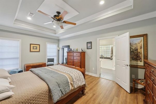 Bedroom, Interior, Recessed Lighting, Wood Texture Flooring