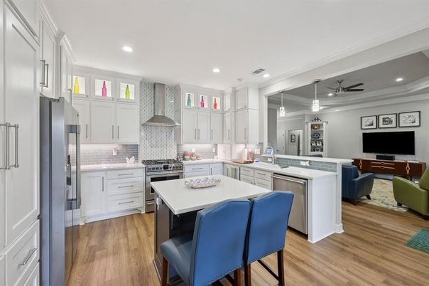 Interior, Kitchen, Living room, Recessed Lighting, Stainless Steel Appliances, Wood Texture Flooring