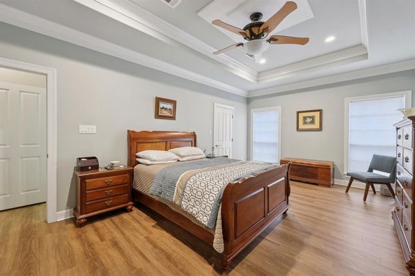 Bedroom, Interior, Recessed Lighting, Wood Texture Flooring