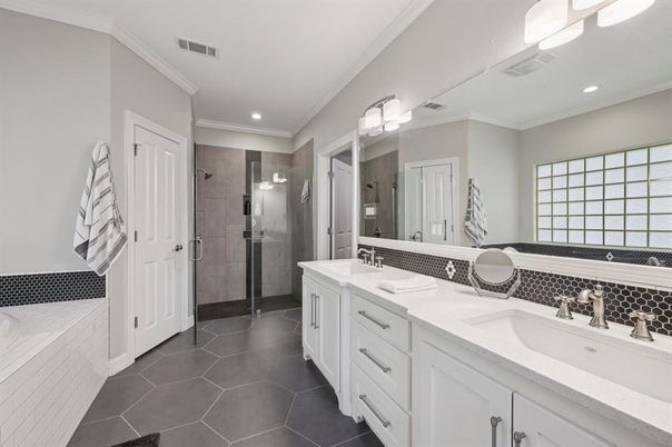 Bathroom, Dual Sink Vanities, Glass Shower, Interior, Recessed Lighting