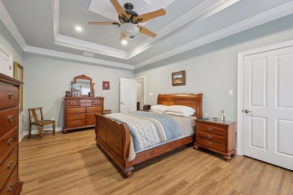 Bedroom, Interior, Recessed Lighting, Wood Texture Flooring