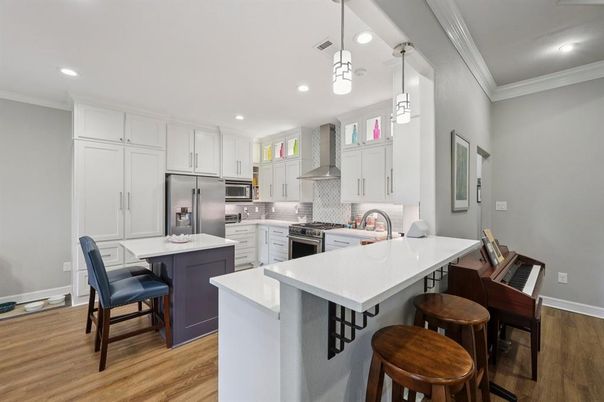 Interior, Kitchen, Pendant Lights, Recessed Lighting, Stainless Steel Appliances, Wood Texture Flooring