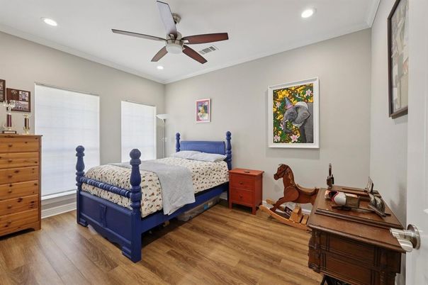 Bedroom, Interior, Recessed Lighting, Wood Texture Flooring