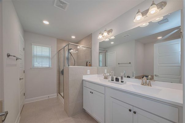 Bathroom, Dual Sink Vanities, Glass Shower, Interior, Recessed Lighting