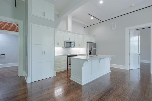 Interior, Kitchen, Recessed Lighting, Stainless Steel Appliances, Wood Texture Flooring
