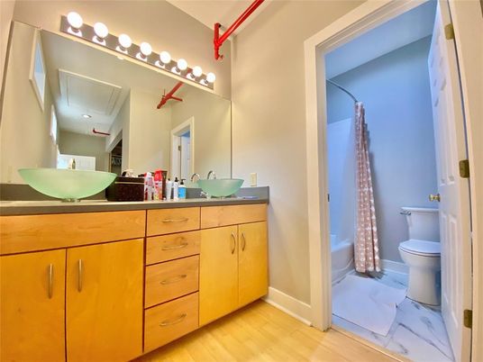 Bathroom, Dual Sink Vanities, Interior, Marble, Wood Texture Flooring