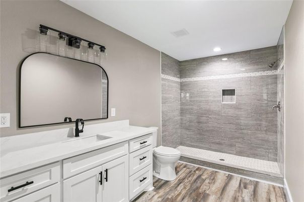 Bathroom, Glass Shower, Interior, Recessed Lighting, Wood Texture Flooring