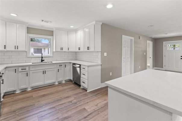 Interior, Kitchen, Recessed Lighting, Wood Texture Flooring