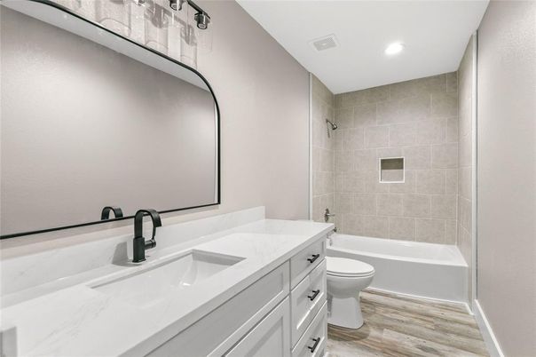 Bathroom, Dual Sink Vanities, Interior, Recessed Lighting, Wood Texture Flooring