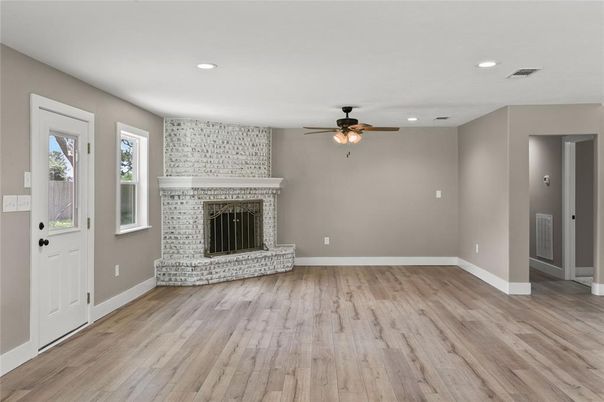 Empty room, Fireplace, Interior, Recessed Lighting, Wood Texture Flooring