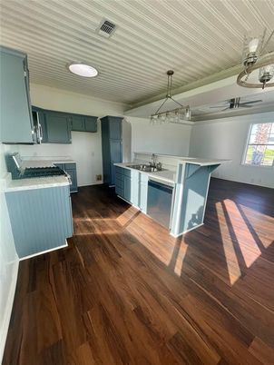Interior, Kitchen, Pendant Lights, Wood Texture Flooring
