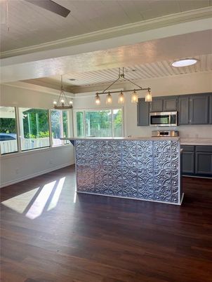 Chandelier, Interior, Kitchen, Pendant Lights, Stainless Steel Appliances, Wood Texture Flooring