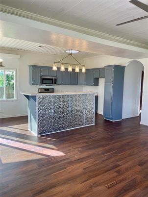 Interior, Kitchen, Pendant Lights, Stainless Steel Appliances, Wood Texture Flooring