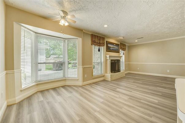 Empty room, Fireplace, Interior, Recessed Lighting, Wood Texture Flooring
