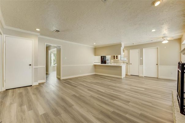 Empty room, Interior, Kitchen, Recessed Lighting, Wood Texture Flooring