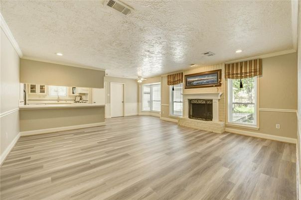 Empty room, Fireplace, Interior, Recessed Lighting, Wood Texture Flooring