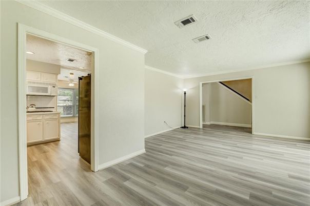 Empty room, Interior, Kitchen, Recessed Lighting, Wood Texture Flooring