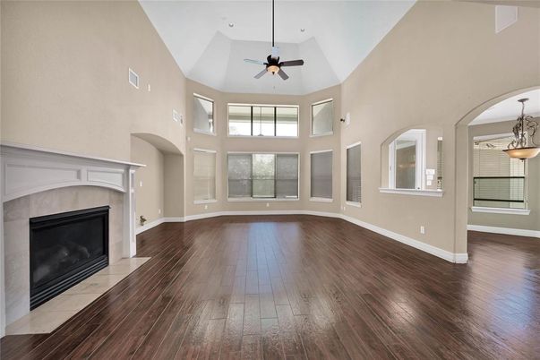 Empty room, Fireplace, Interior, Pendant Lights, Wood Texture Flooring