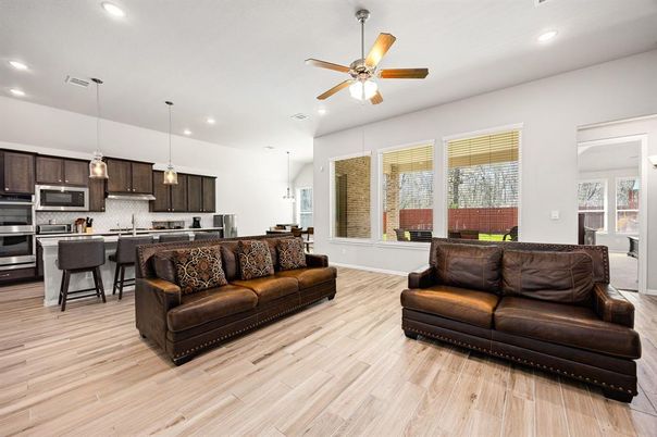 Interior, Kitchen, Living room, Pendant Lights, Recessed Lighting, Stainless Steel Appliances, Wood Texture Flooring