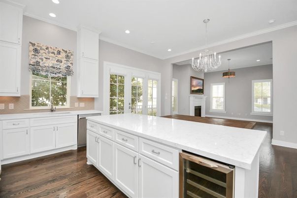 Chandelier, Fireplace, Interior, Kitchen, Pendant Lights, Recessed Lighting, Wood Texture Flooring