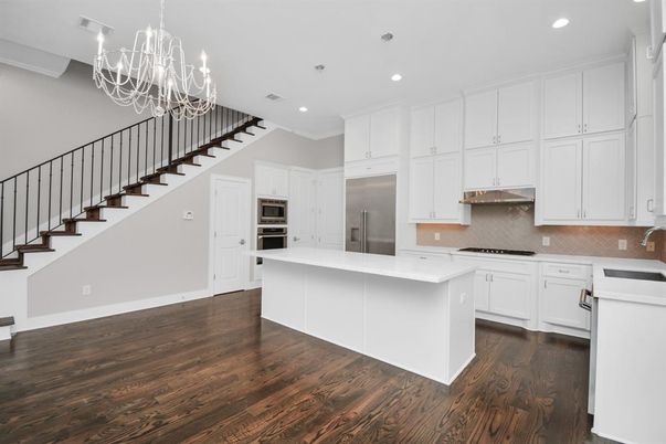 Chandelier, Interior, Kitchen, Recessed Lighting, Stainless Steel Appliances, Wood Texture Flooring