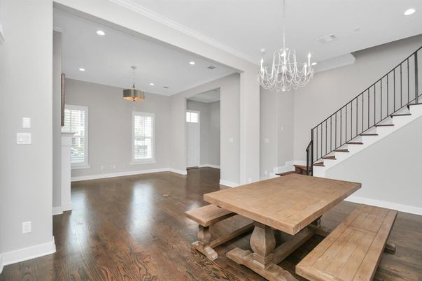 Chandelier, Dining room, Interior, Pendant Lights, Recessed Lighting, Wood Texture Flooring