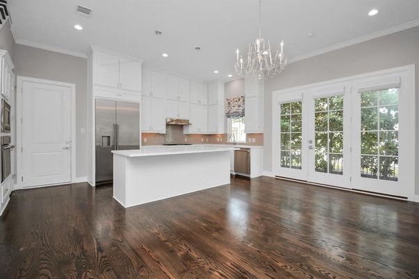 Chandelier, Interior, Kitchen, Recessed Lighting, Stainless Steel Appliances, Wood Texture Flooring