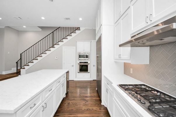 Interior, Kitchen, Recessed Lighting, Stainless Steel Appliances, Wood Texture Flooring