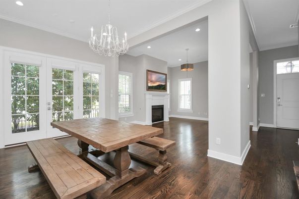 Chandelier, Dining room, Fireplace, Interior, Pendant Lights, Recessed Lighting, Wood Texture Flooring