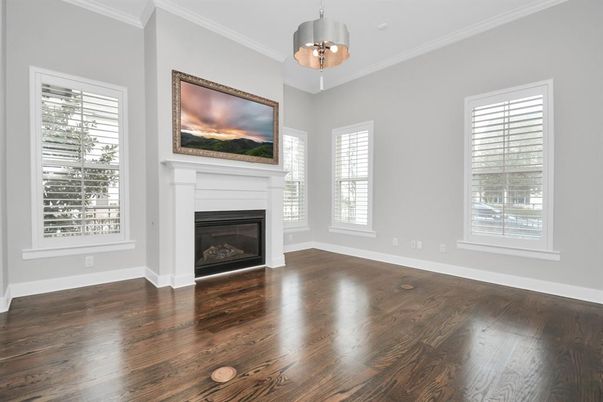 Empty room, Fireplace, Interior, Pendant Lights, Wood Texture Flooring