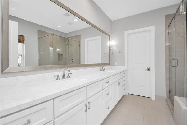 Bathroom, Dual Sink Vanities, Glass Shower, Interior, Recessed Lighting
