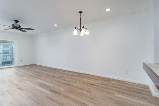 Chandelier, Empty room, Interior, Recessed Lighting, Wood Texture Flooring