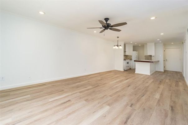 Empty room, Interior, Kitchen, Pendant Lights, Recessed Lighting, Wood Texture Flooring