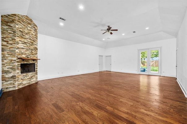 Empty room, Fireplace, Interior, Recessed Lighting, Wood Texture Flooring