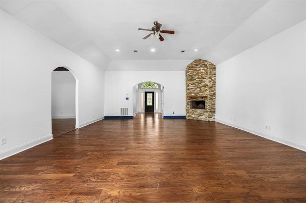 Empty room, Fireplace, Interior, Recessed Lighting, Wood Texture Flooring