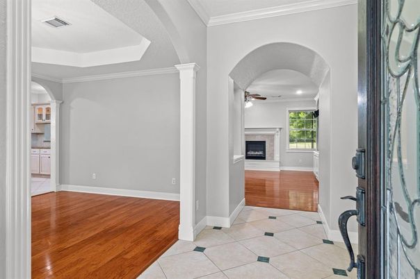 Empty room, Fireplace, Interior, Recessed Lighting, Wood Texture Flooring