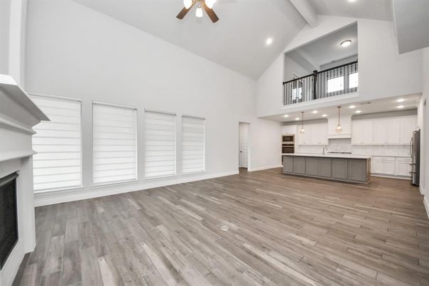 Fireplace, Interior, Kitchen, Pendant Lights, Recessed Lighting, Wood Texture Flooring