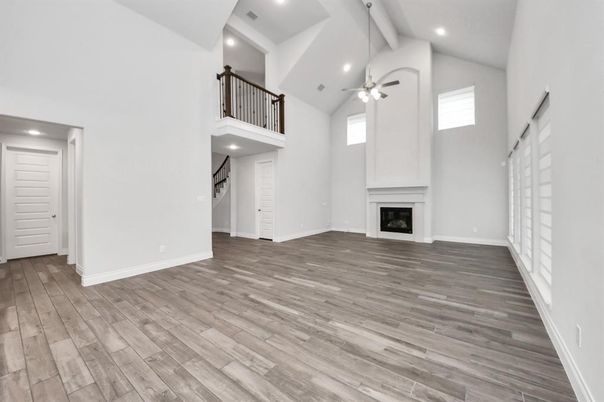 Empty room, Fireplace, Interior, Recessed Lighting, Wood Texture Flooring