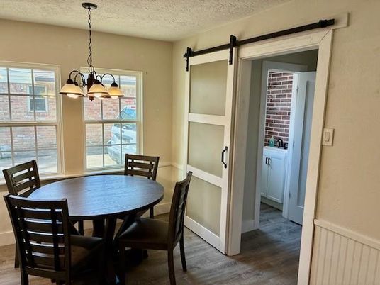 Chandelier, Dining room, Interior, Stone Walls, Wood Texture Flooring