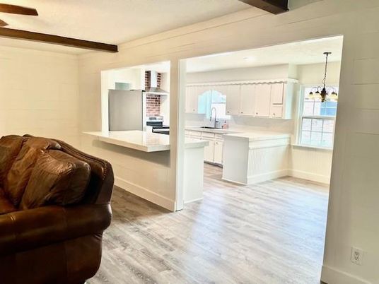 Interior, Kitchen, Pendant Lights, Recessed Lighting, Wooden Beams, Wood Texture Flooring