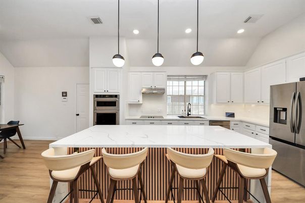Interior, Kitchen, Pendant Lights, Recessed Lighting, Stainless Steel Appliances, Wood Texture Flooring